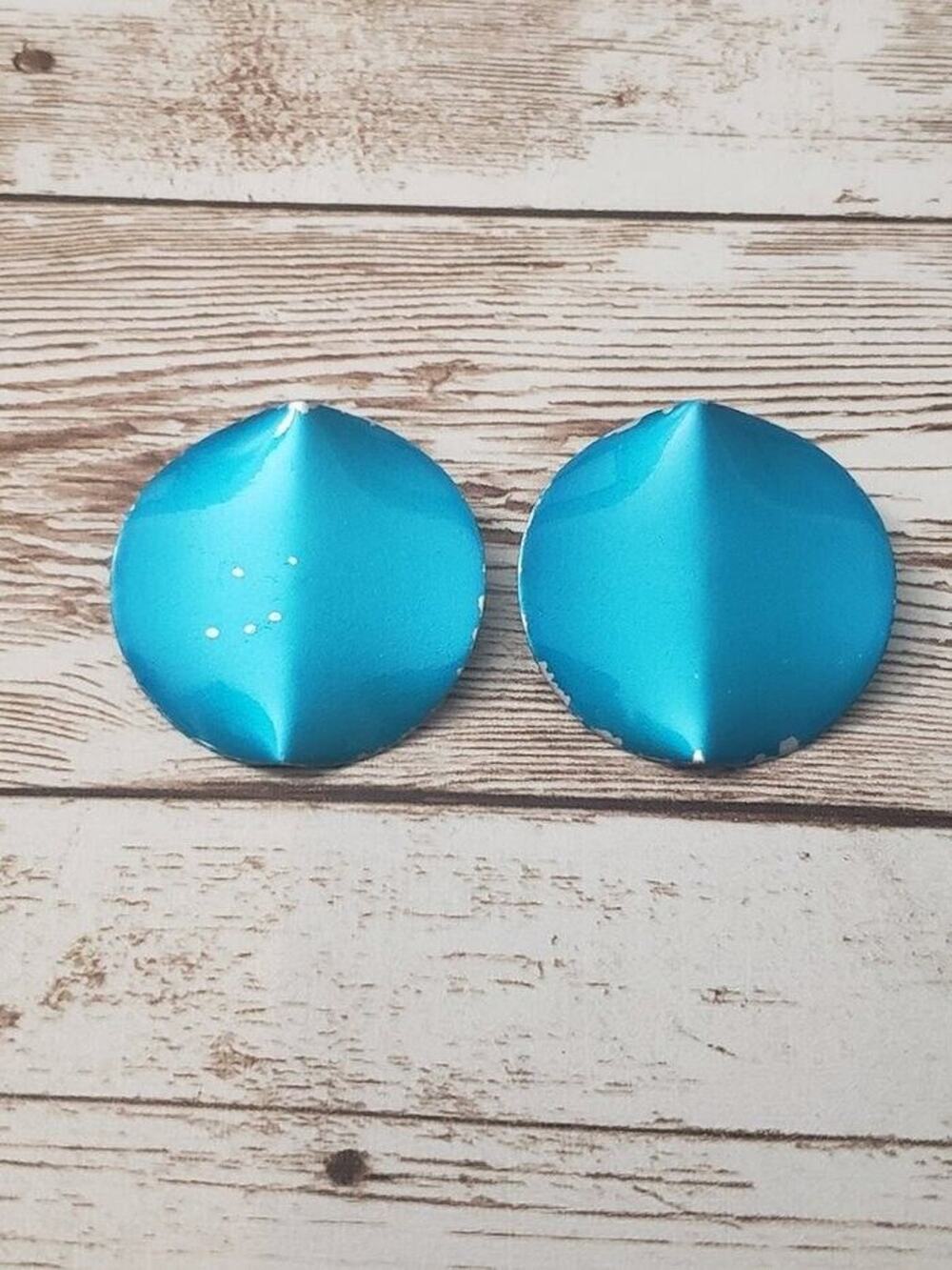 Vintage Clip On Earrings 1.25" Folded Bright Blue Circle - Paint Chipping